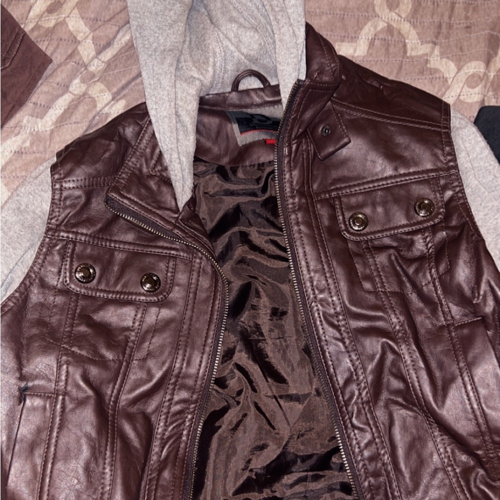 Dollhouse Brown Leather Jacket with Gray Hood